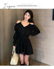 Ingvn - Gothic Black Dress Women Casual Button Lace Evening Party Sexy Mini Female Long Sleeve One