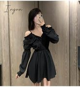 Ingvn - Gothic Black Dress Women Casual Button Lace Evening Party Sexy Mini Female Long Sleeve One