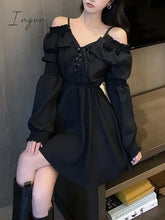 Ingvn - Gothic Black Dress Women Casual Button Lace Evening Party Sexy Mini Female Long Sleeve One