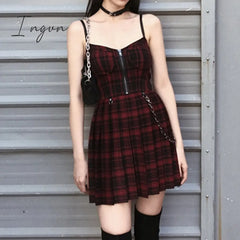 Ingvn - Gothic Girls Plaid Pleated Punk Dress Preppy Style Red Black Spaghetti Strap Sexy