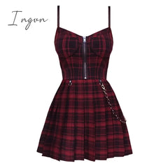 Ingvn - Gothic Girls Plaid Pleated Punk Dress Preppy Style Red Black Spaghetti Strap Sexy
