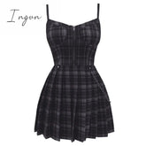 Ingvn - Gothic Girls Plaid Pleated Punk Dress Preppy Style Red Black Spaghetti Strap Sexy