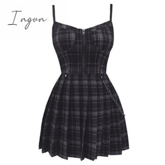Ingvn - Gothic Girls Plaid Pleated Punk Dress Preppy Style Red Black Spaghetti Strap Sexy