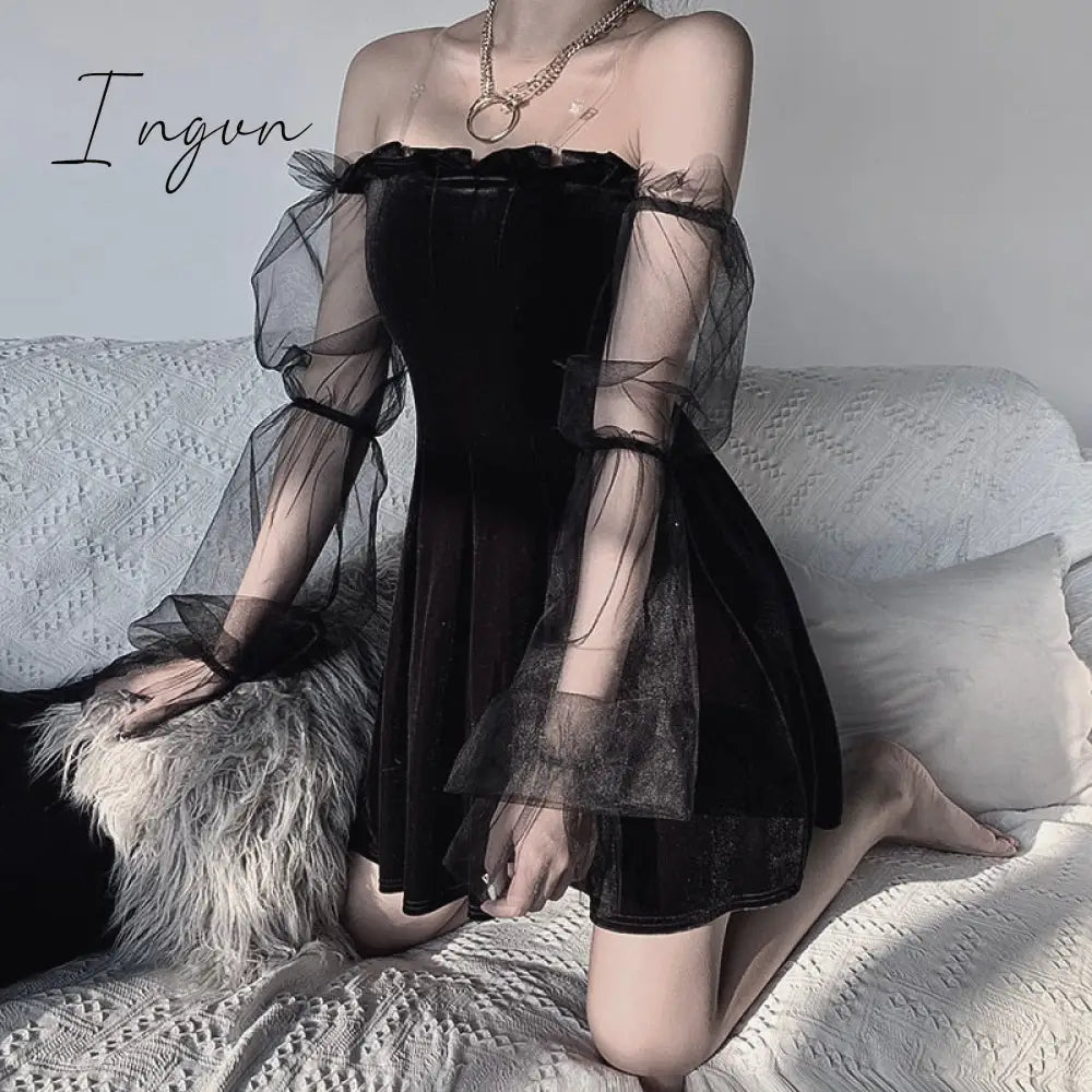 Ingvn - Gothic Sexy Dress Vintage Off Shoulder Lantern Sleeve Mesh Patchwork Velvet Mini Dark