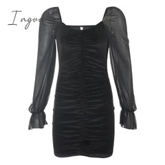 Ingvn - Gothic Sexy Dress Vintage Off Shoulder Lantern Sleeve Mesh Patchwork Velvet Mini Dark