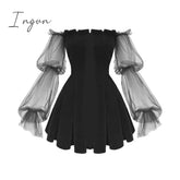 Ingvn - Gothic Sexy Dress Vintage Off Shoulder Lantern Sleeve Mesh Patchwork Velvet Mini Dark