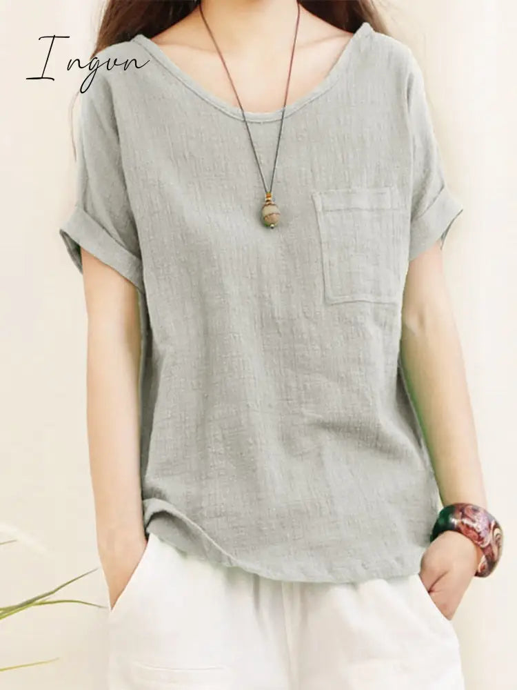 Ingvn - Green Loose Cotton Linen Blouse Oversize 5Xl Blouses Women 2023 Summer Shirts Casual Short