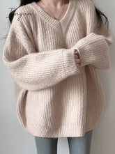 Ingvn - Green Oversized Sweaters For Women Fall Winter 2023 Korean Fashion Long Loose Pullovers V