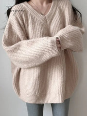 Ingvn - Green Oversized Sweaters For Women Fall Winter 2023 Korean Fashion Long Loose Pullovers V