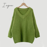 Ingvn - Green Oversized Sweaters For Women Fall Winter 2023 Korean Fashion Long Loose Pullovers V