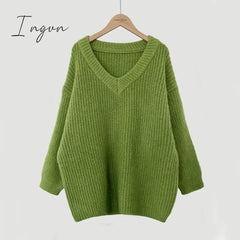 Ingvn - Green Oversized Sweaters For Women Fall Winter 2023 Korean Fashion Long Loose Pullovers V