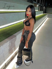 Ingvn - Grey Split Denim Stacked Pants Zip Up Baddie Style Streetwear Pencil Jeans For Women High