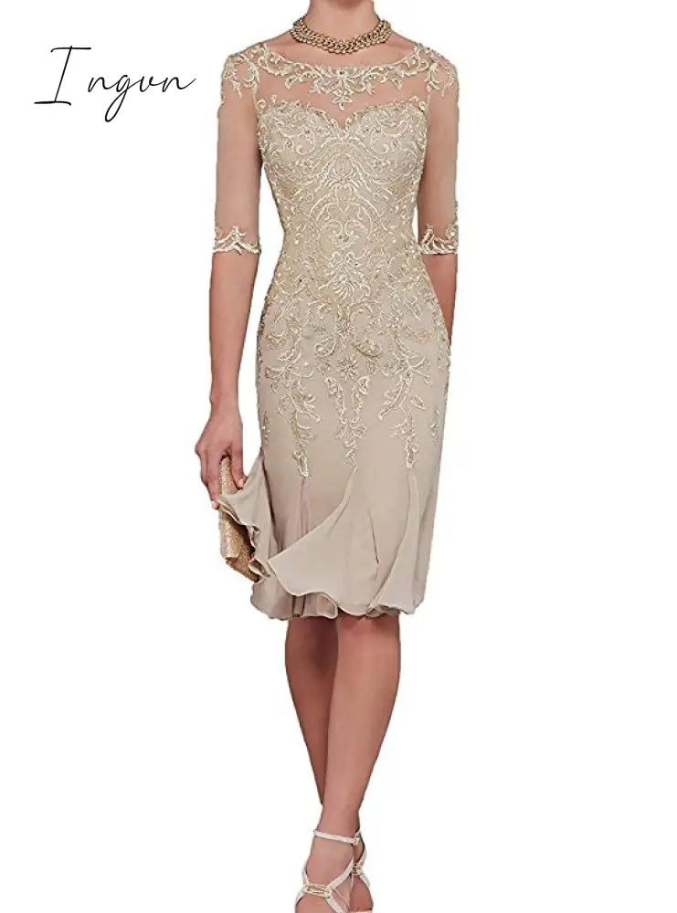 Ingvn - Half Sleeves Chiffon Mother Of The Bride Dresses Knee Length Formal Dress Party Dinner Prom