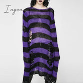 Ingvn - Halloween 200 Gothic Knitted Sweater Women Long Pullovers Striped Loose Winter Ripped Plus