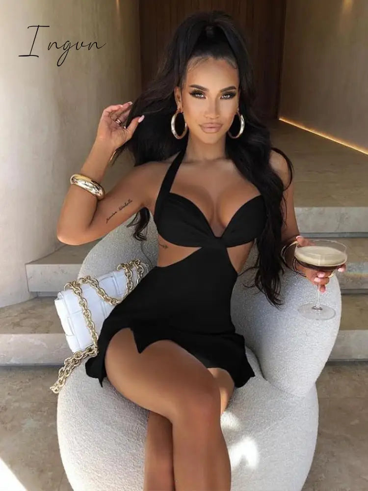 Ingvn - Halter Hollow Out Dress Women Bandage Slim Strapless Bodycon Sexy Mini Backless Summer