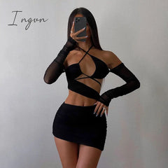 Ingvn - Halter Sexy Cut Out Bodycon Dress Bandage Party Club Elegant Irregular Backless Mesh Ruched