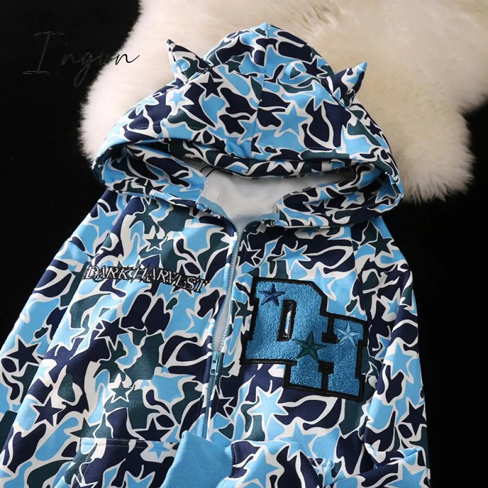 Ingvn - Harajuku Demon Embroidery Hoodies Oversized Camouflage Sweatshirt Gothic Goth Zip Up Hoodie