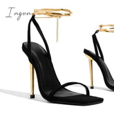 Ingvn - Herringbone Adjustable Ankle Chain Open Squared Toe Heels