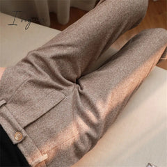 Ingvn - Herringbone Woolen Pants Women’s Harem Pencil Autumn Winter High Waisted Casual Suit