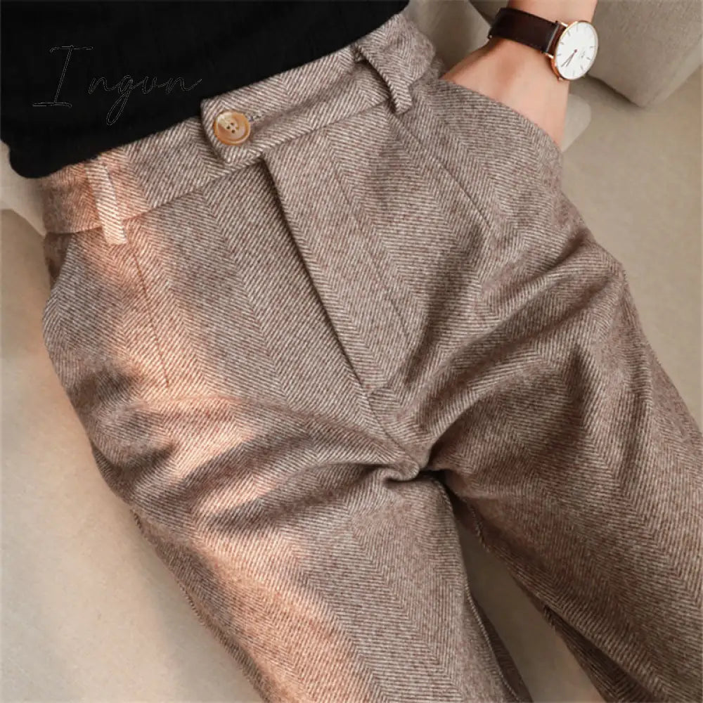 Ingvn - Herringbone Woolen Pants Women’s Harem Pencil Autumn Winter High Waisted Casual Suit