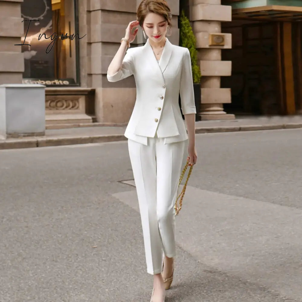 Ingvn - High Quality Casual Women’s Suit Pants Two Piece Set New Summer Elegant Ladies White
