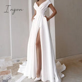 Ingvn - High Quality Elegant Casual Women’s Dresses Sexy V-Neck Side Slit Backless White Long