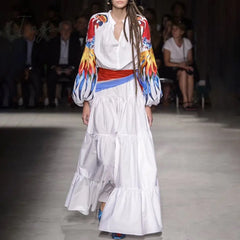 Ingvn - High Quality Luxury Design Runway Female Elegant Embroidery Women Dress Lantern Sleeve