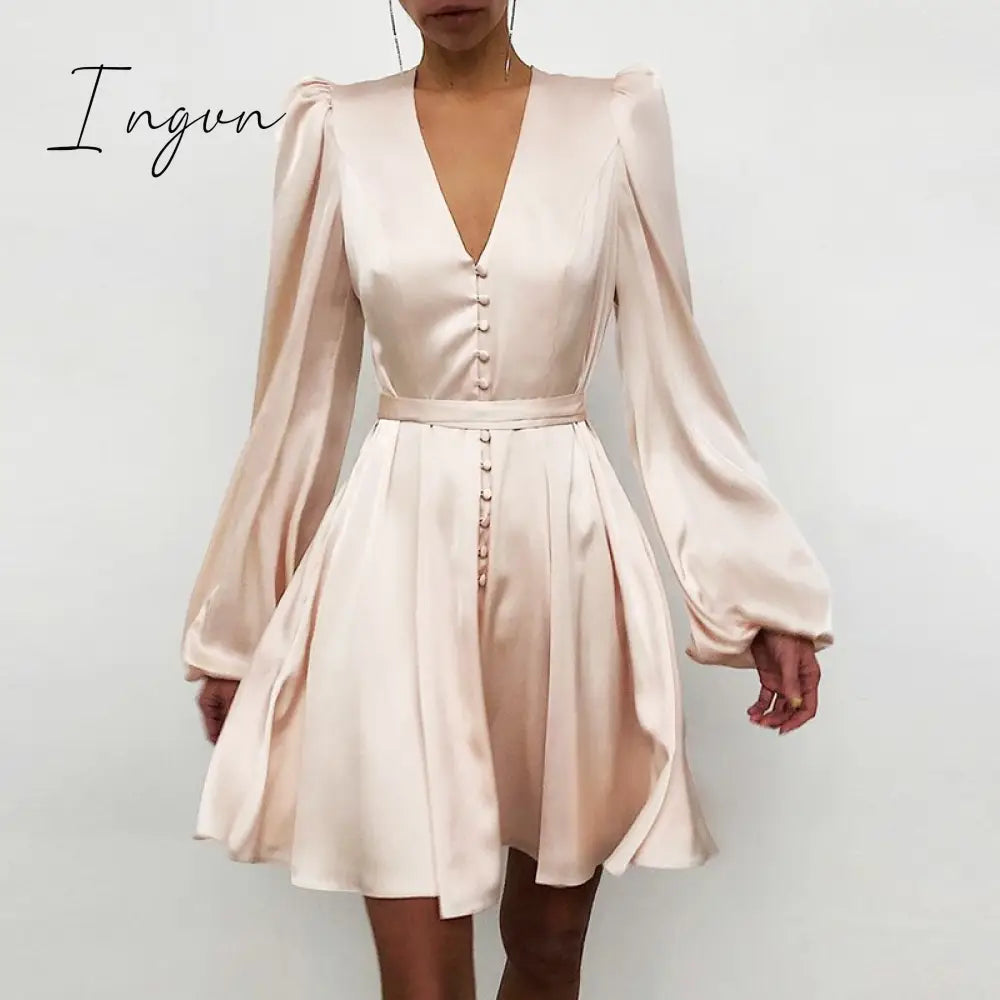 Ingvn - High Quality New Women Elegant Solid Ruffle Dress Sexy Lantern Sleeve Satin Slim A - Line