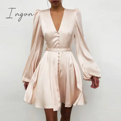 Ingvn - High Quality New Women Elegant Solid Ruffle Dress Sexy Lantern Sleeve Satin Slim A - Line
