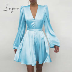 Ingvn - High Quality New Women Elegant Solid Ruffle Dress Sexy Lantern Sleeve Satin Slim A - Line