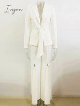 Ingvn - High Quality Newest Fashion 2023 Designer Suit Set Women’s Lacing Belt Blazer Pleated Zip
