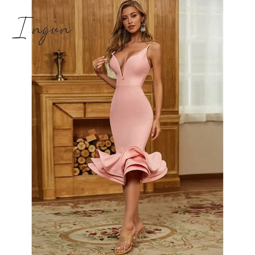 Ingvn - High Quality Pink White Black Slip Ruffles Rayon Bandage Dress Elegant Evening Party