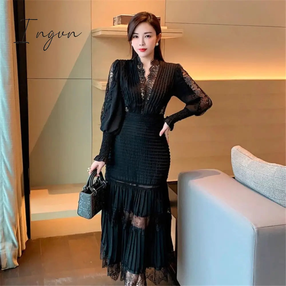 Ingvn - High Quality Self Portrait Dress Women Sexy V - Neck Lantern Sleeve Long Sleeved Cake