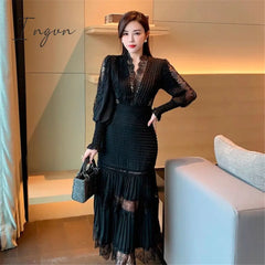 Ingvn - High Quality Self Portrait Dress Women Sexy V - Neck Lantern Sleeve Long Sleeved Cake