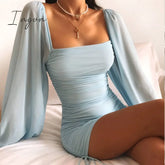 Ingvn - High Waist Long - Sleeve Sheath Mini Dress Blue Flat - Fitting Collar Sexy Solid Color