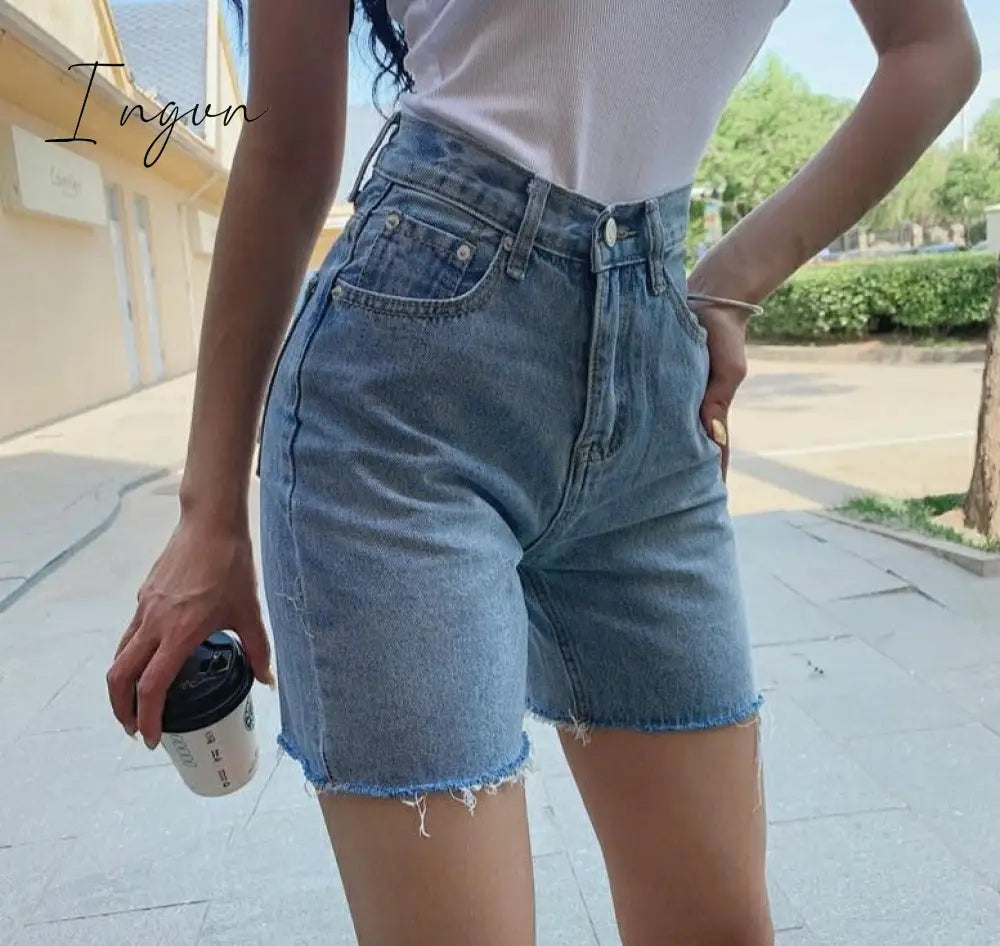 Ingvn - High Waist Slim Denim Shorts Bermuda Plus Size Woman New Fashion Tassel Tight Five - Point