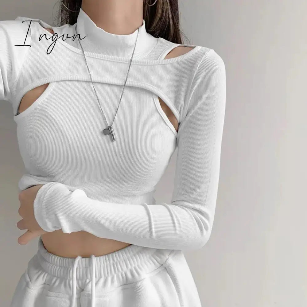 Ingvn - Hollow Knitted Crop Tops Women New Fitness Fake Two - Piece T - Shirt Female Black White
