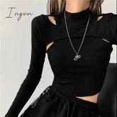 Ingvn - Hollow Knitted Crop Tops Women New Fitness Fake Two - Piece T - Shirt Female Black White