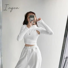 Ingvn - Hollow Knitted Crop Tops Women New Fitness Fake Two - Piece T - Shirt Female Black White