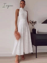 Ingvn - Hollow Out White Belt Sleeveless Long Dress X-Shaped High Waist Half Collar Elegant Fashion