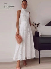 Ingvn - Hollow Out White Belt Sleeveless Long Dress X-Shaped High Waist Half Collar Elegant Fashion
