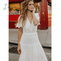 Ingvn - Hollow Out White Dress Sexy Women Long Lace Cross Semi - Sheer Plunge V - Neck Short Sleeve