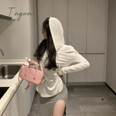 Ingvn - Hooded Shirt Side Split Sexy Blouse Women Long Sleeve Autumn Button Up Solid Color Basic