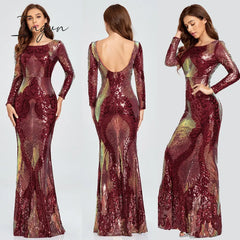 Ingvn - Hot Sale O - Neck Long - Sleeve Shinning Sequins Evening Dresses Sexy Backless Mermaid