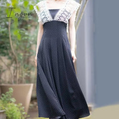Ingvn - Hot Sales Lace Ruffle Long Dress Patchwork Elegant Vintage High Waist Sleeveless Dot