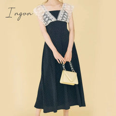 Ingvn - Hot Sales Lace Ruffle Long Dress Patchwork Elegant Vintage High Waist Sleeveless Dot