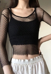 Ingvn - Hot Sell Hollow Out See Through Sexy Slash Neck Fishnet Mesh T - Shirts Women Cute Club