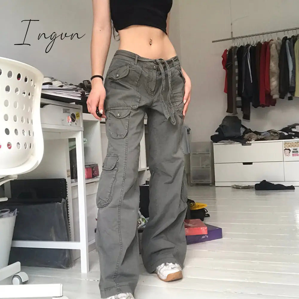 Ingvn - Hot Sell Quality Grunge Streetwear Cargo Pants Woman Low Waist Baggy Mom Jeans Vintage 90S