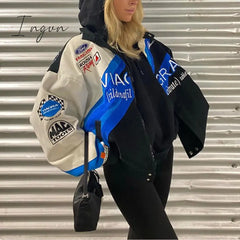 Ingvn - Hot Sell Quality Print Loose Baseball Jackets Women Casual Blue Long Sleeve Sports Coat