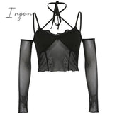 Ingvn - Hot Sell Slash Neck Sexy Black Mesh T - Shirts Women Lace Patchwork Rave Goth Clubwear